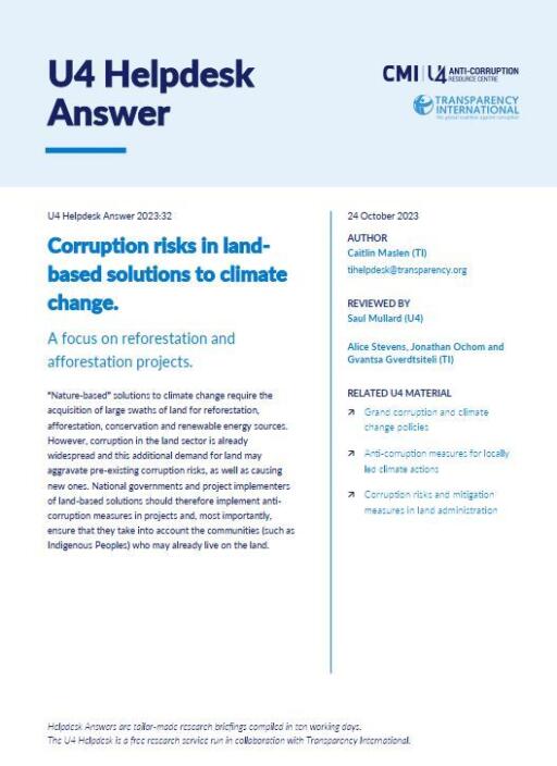 Corruption risks in land-based solutions to climate change