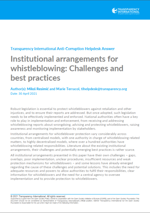 Institutional arrangements for whistleblowing: Challenges and best practices