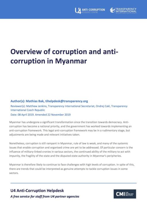 Overview of corruption and anti-corruption in Myanmar