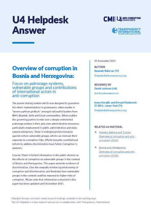 Overview of corruption in Bosnia and Herzegovina: Focus on patronage systems, vulnerable groups and contributions of international actors in anti corruption