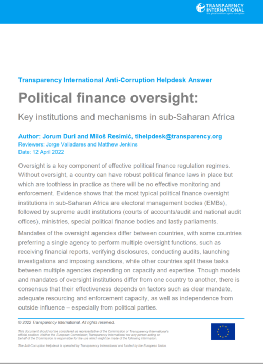 Political finance oversight: Key institutions and mechanisms in sub-Saharan Africa