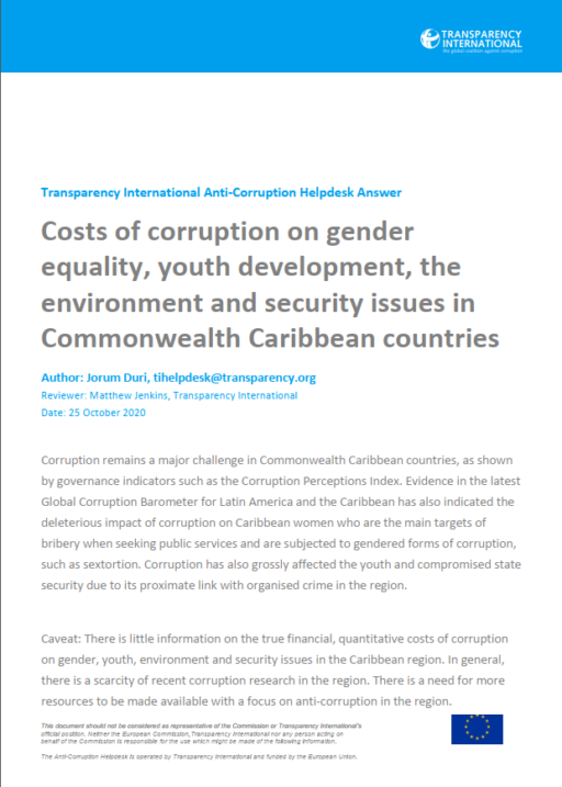 Costs of corruption on gender equality, youth development, the environment and security issues in Commonwealth Caribbean countries