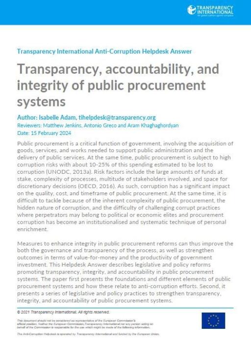Transparency, accountability, and integrity of public procurement systems
