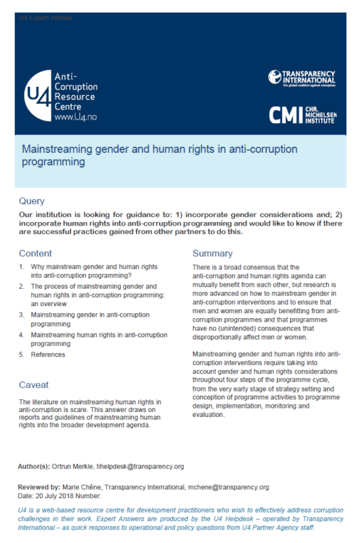 Mainstreaming gender and human rights in anti-corruption programming
