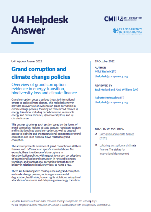 Grand corruption and climate change policies: Overview of grand corruption evidence in energy transition, biodiversity loss and climate finance