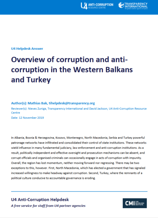 Overview of corruption and anti-corruption in the Western Balkans and Turkey